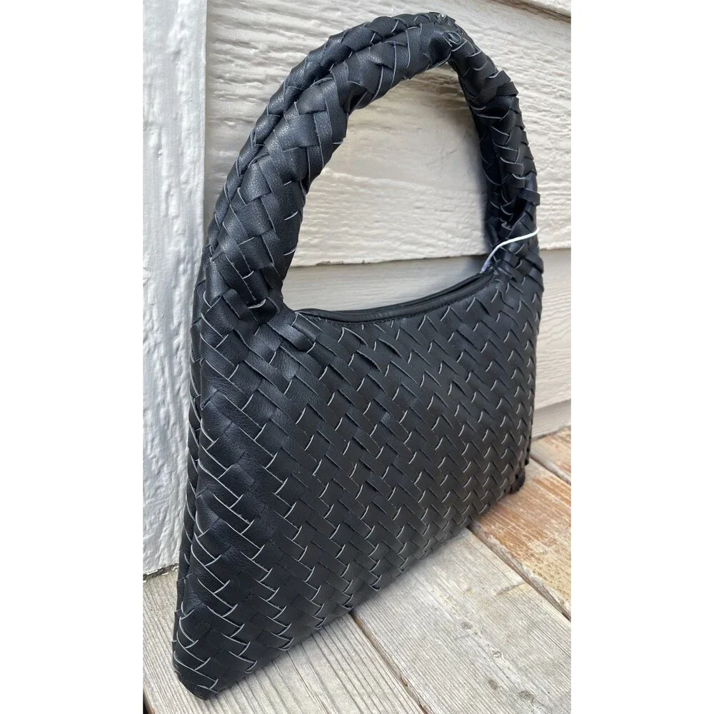 New! Walter Baker Margaux Handbag Black Woven Hobo Bag Vegan Leather